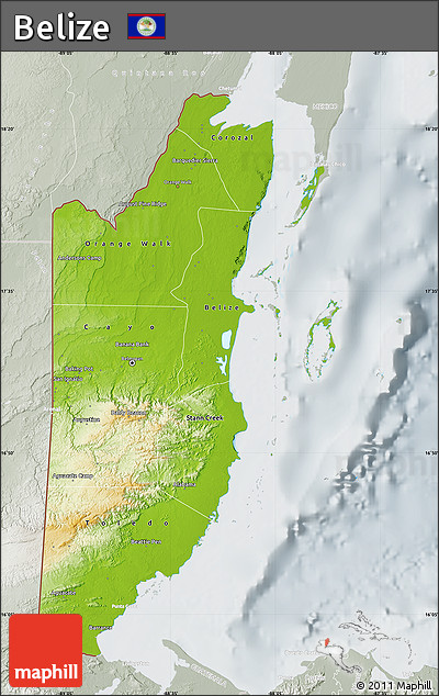 Physical Map of Belize, lighten, semi-desaturated