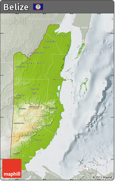 Physical Map of Belize, lighten, semi-desaturated