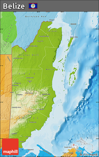 Physical Map of Belize, political outside