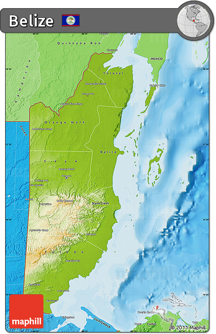 Physical Map of Belize, political shades outside