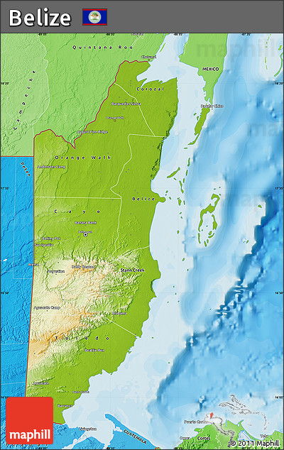 Physical Map of Belize, political shades outside