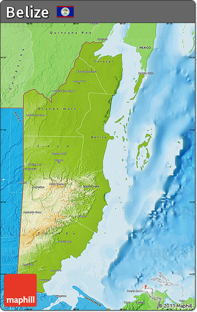 Physical Map of Belize, political shades outside