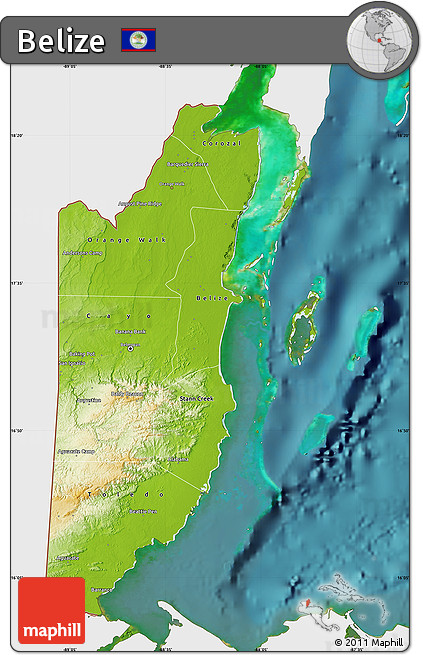 Physical Map of Belize, single color outside, satellite sea