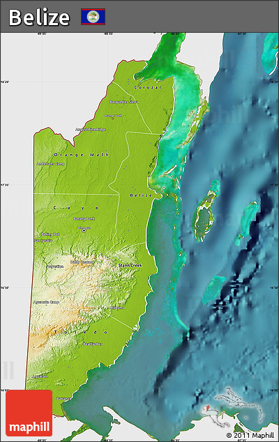 Physical Map of Belize, single color outside, satellite sea