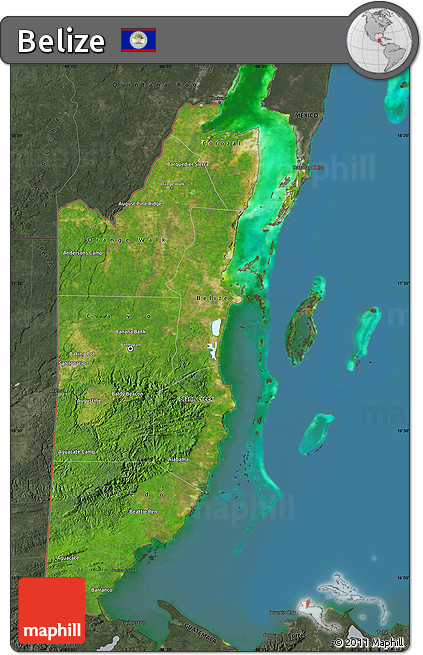 Satellite Map of Belize, darken, semi-desaturated, land only