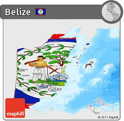 Flag Panoramic Map of Belize, single color outside, bathymetry sea, flag centered