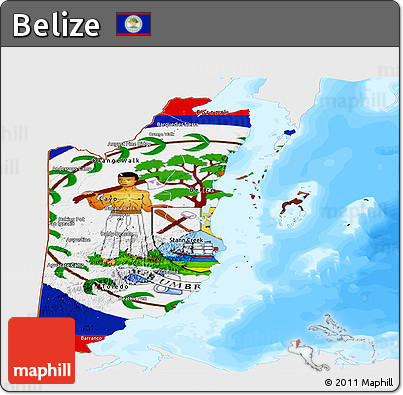 Flag Panoramic Map of Belize, single color outside, bathymetry sea, flag centered