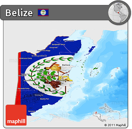 Flag Panoramic Map of Belize, single color outside, bathymetry sea, flag rotated