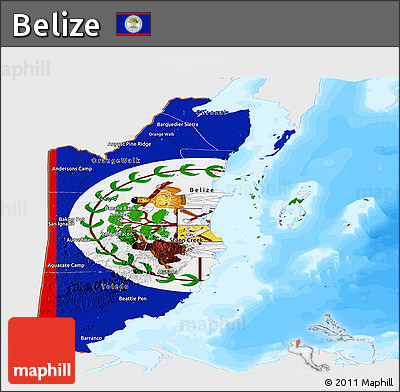 Flag Panoramic Map of Belize, single color outside, bathymetry sea, flag rotated