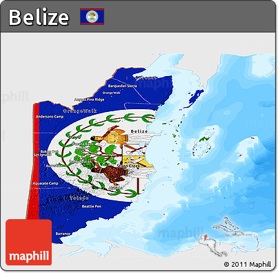 Flag Panoramic Map of Belize, single color outside, bathymetry sea, flag rotated