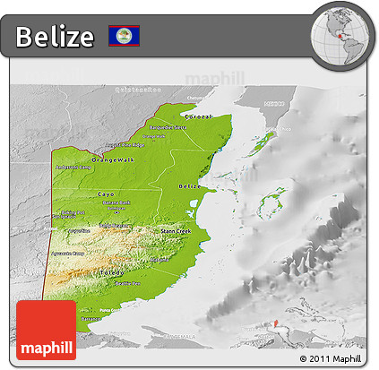 Physical Panoramic Map of Belize, lighten, desaturated