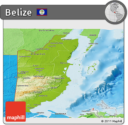 Physical Panoramic Map of Belize, political shades outside, shaded relief sea