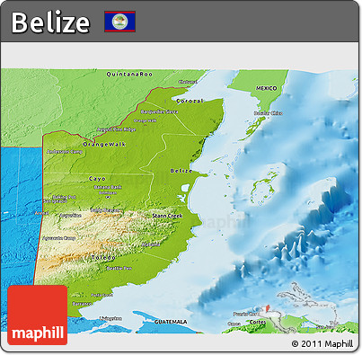 Physical Panoramic Map of Belize, political shades outside, shaded relief sea