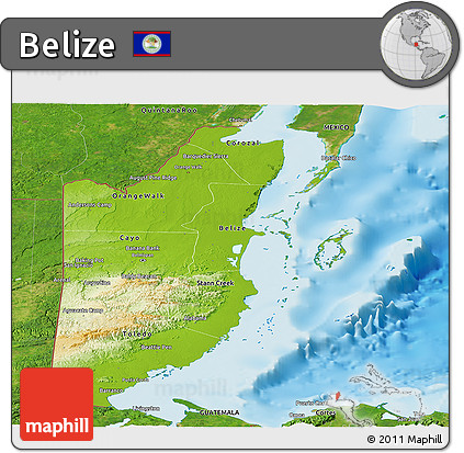 Physical Panoramic Map of Belize, satellite outside, shaded relief sea