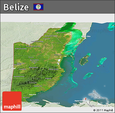 Satellite Panoramic Map of Belize, lighten, land only