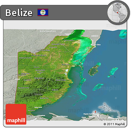Satellite Panoramic Map of Belize, lighten, semi-desaturated, land only