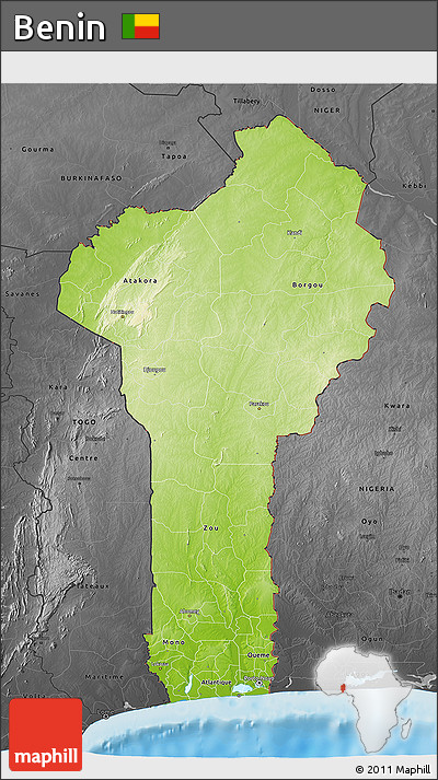 Physical 3D Map of Benin, darken, desaturated, land only