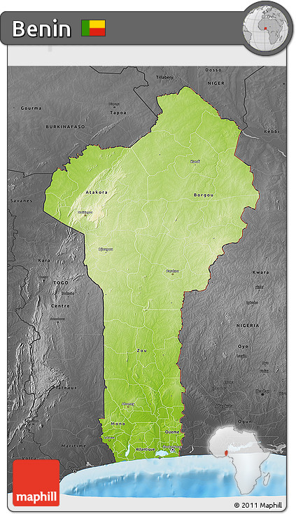 Physical 3D Map of Benin, darken, desaturated, land only