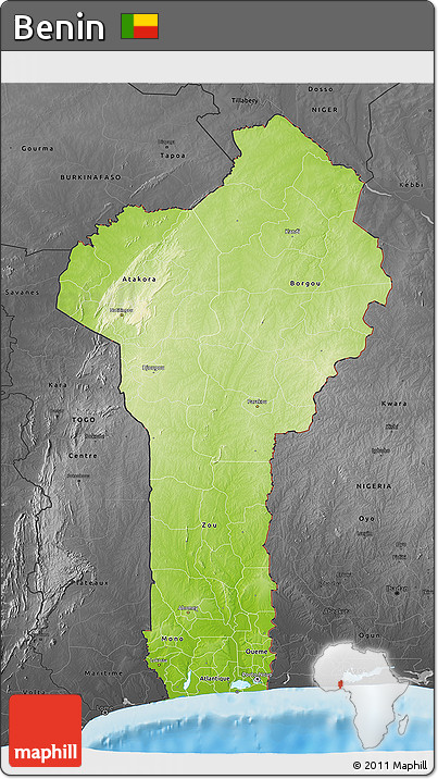Physical 3D Map of Benin, darken, desaturated, land only