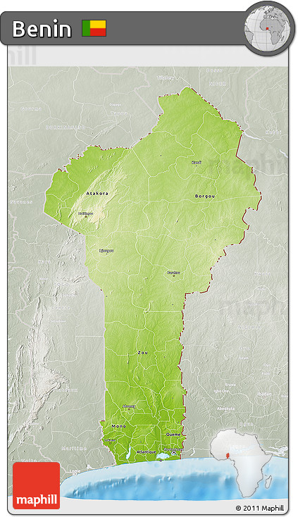 Physical 3D Map of Benin, lighten, semi-desaturated, land only