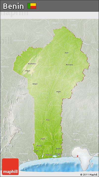 Physical 3D Map of Benin, lighten, semi-desaturated, land only