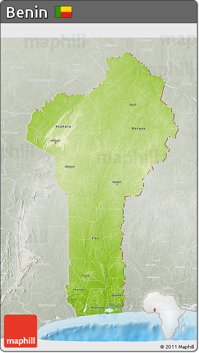 Physical 3D Map of Benin, lighten, semi-desaturated, land only