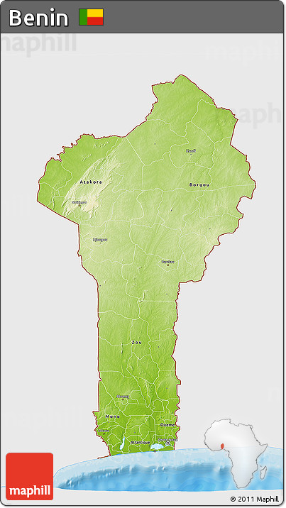 Physical 3D Map of Benin, single color outside, bathymetry sea, shaded relief sea