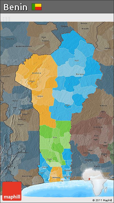 Political 3D Map of Benin, darken, semi-desaturated, land only