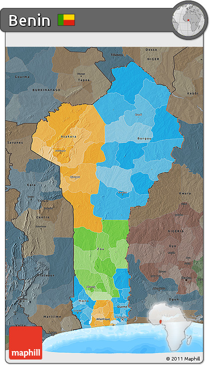 Political 3D Map of Benin, darken, semi-desaturated, land only