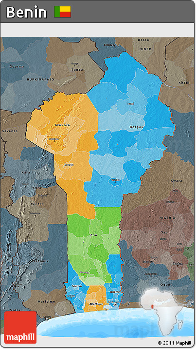 Political 3D Map of Benin, darken, semi-desaturated, land only