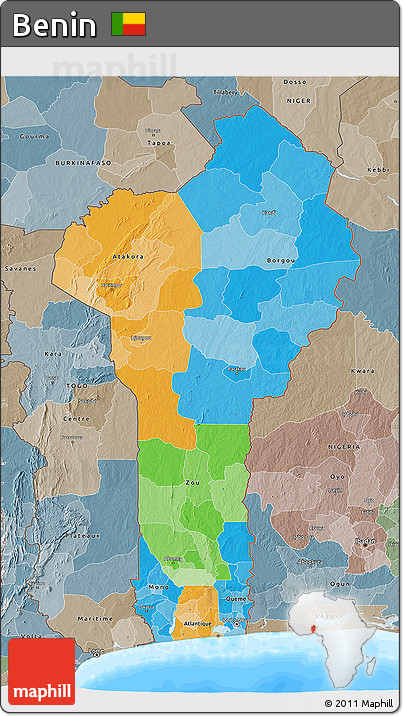 Political 3D Map of Benin, semi-desaturated, land only