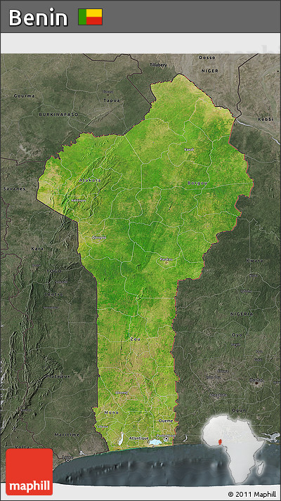 Satellite 3D Map of Benin, darken, semi-desaturated