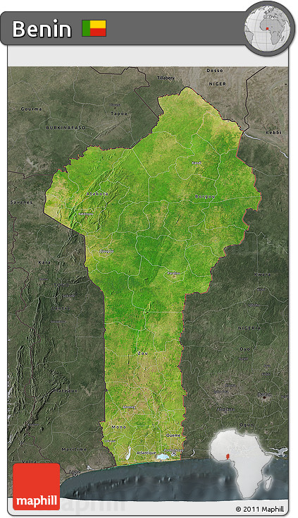 Satellite 3D Map of Benin, darken, semi-desaturated