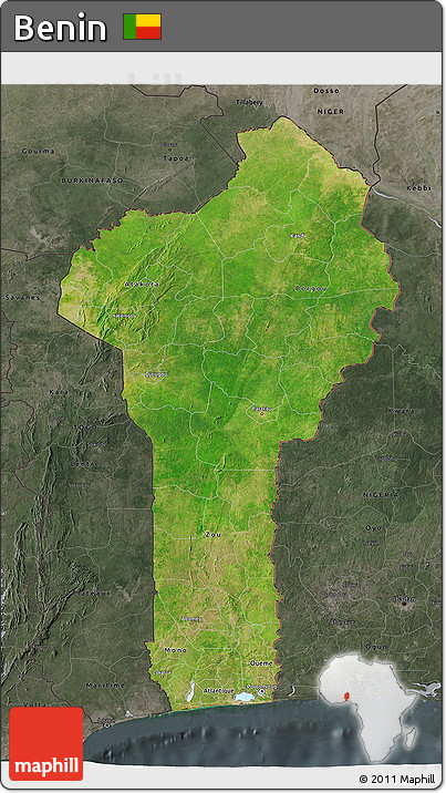 Satellite 3D Map of Benin, darken, semi-desaturated