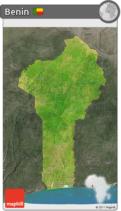 Satellite 3D Map of Benin, darken, semi-desaturated, land only