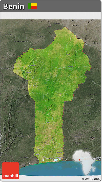 Satellite 3D Map of Benin, darken, semi-desaturated, land only