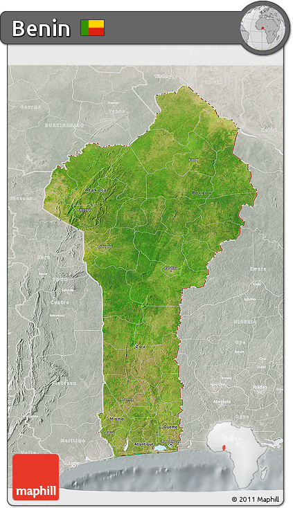 Satellite 3D Map of Benin, lighten, semi-desaturated