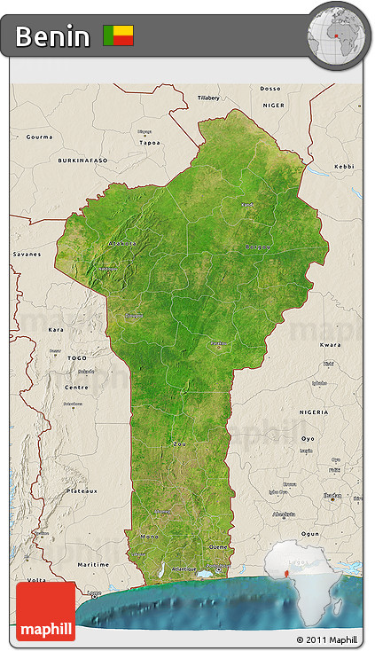 Satellite 3D Map of Benin, shaded relief outside, satellite sea