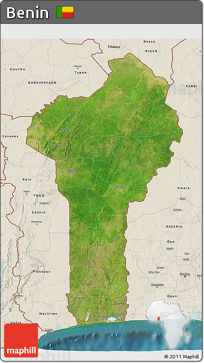 Satellite 3D Map of Benin, shaded relief outside, satellite sea