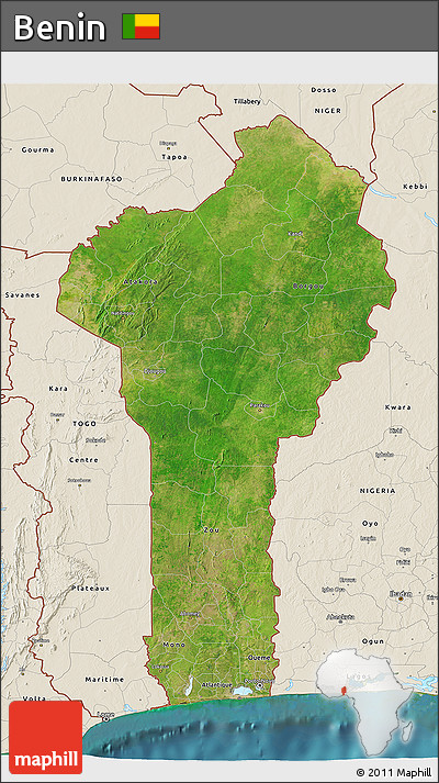 Satellite 3D Map of Benin, shaded relief outside, satellite sea