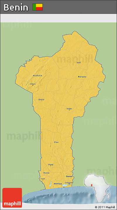 Savanna Style 3D Map of Benin, single color outside
