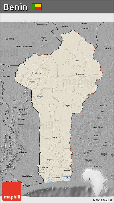 Shaded Relief 3D Map of Benin, darken, desaturated
