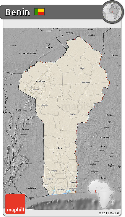 Shaded Relief 3D Map of Benin, darken, desaturated