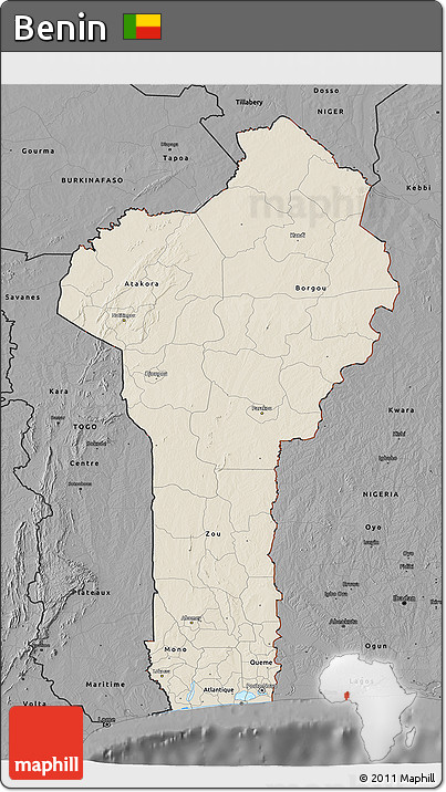 Shaded Relief 3D Map of Benin, darken, desaturated