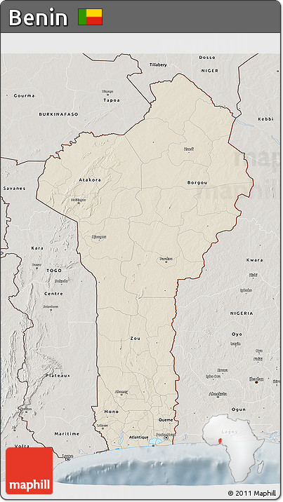 Shaded Relief 3D Map of Benin, semi-desaturated