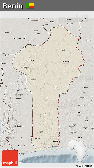 Shaded Relief 3D Map of Benin, semi-desaturated