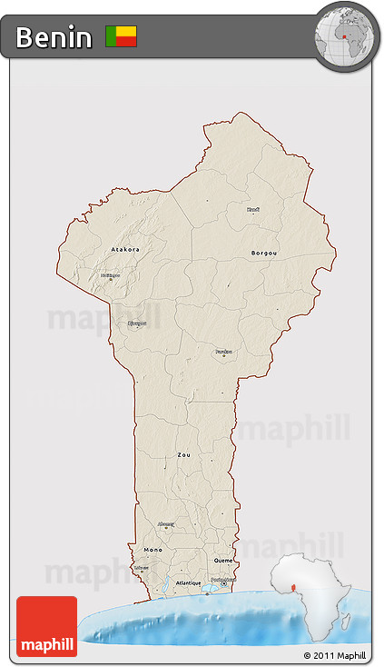 Shaded Relief 3D Map of Benin, single color outside