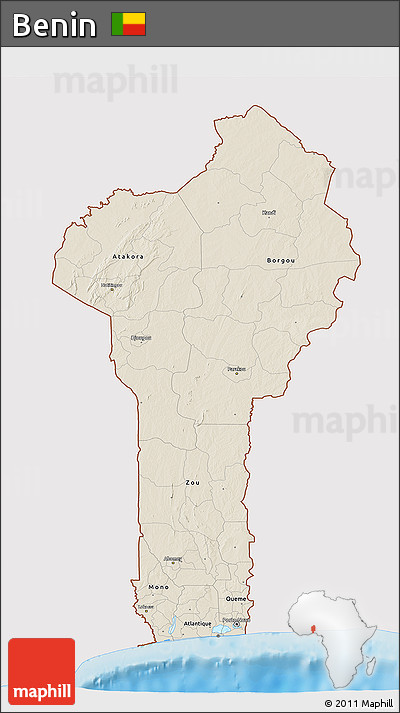 Shaded Relief 3D Map of Benin, single color outside