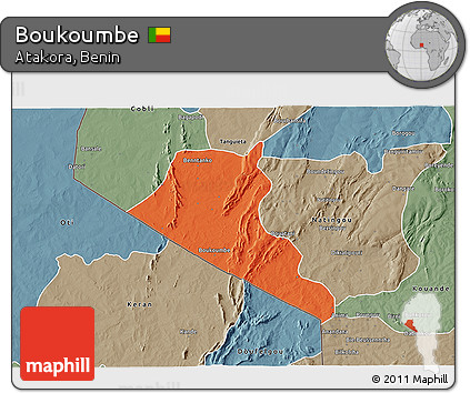 Political 3D Map of Boukoumbe, semi-desaturated
