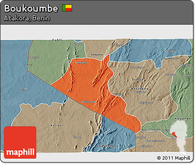 Political 3D Map of Boukoumbe, semi-desaturated